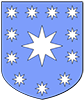 An heraldic shield: Azure, ten mullets of eight in orle argent, a mullet of eight argent in fess.